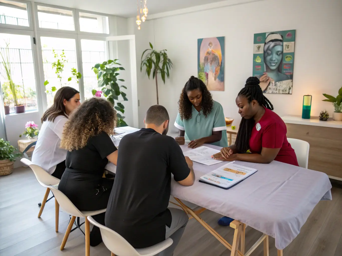 A vibrant scene of participants engaged in Ayurvedic massage training outdoors with natural surroundings, highlighting the practical skills programs.
