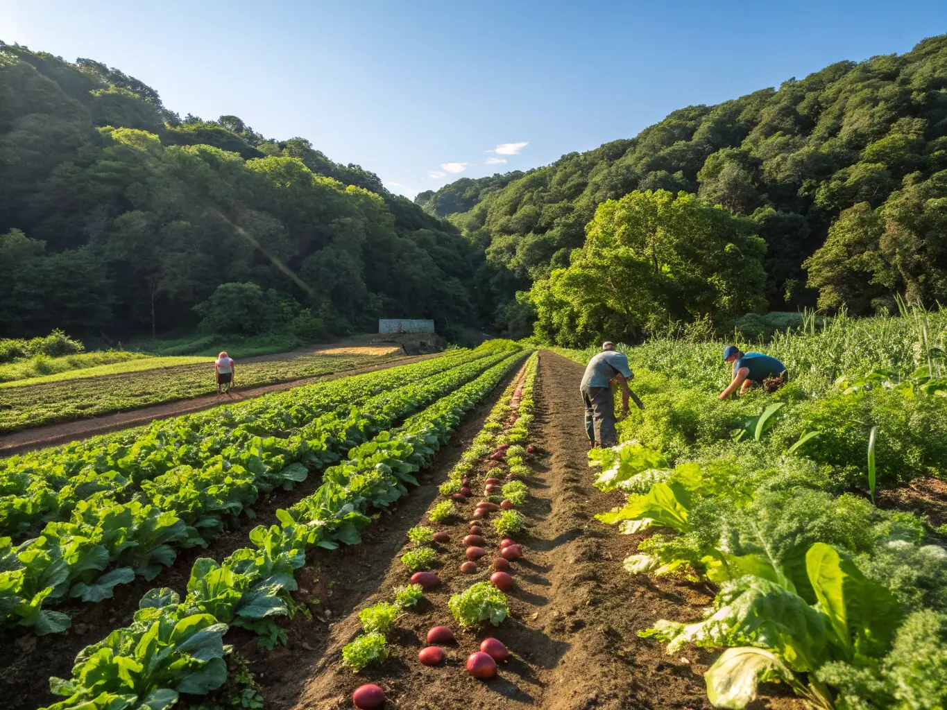 A group of people participating in sustainable agriculture activities, such as planting crops or harvesting vegetables, demonstrating the sustainable agriculture skills taught at IIPS.