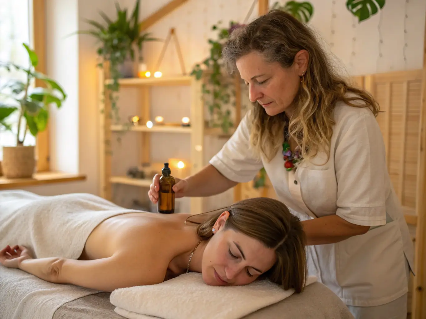 A skilled practitioner performing Ayurvedic massage on a client in a tranquil spa setting, showcasing the Ayurvedic massage skills offered at IIPS.