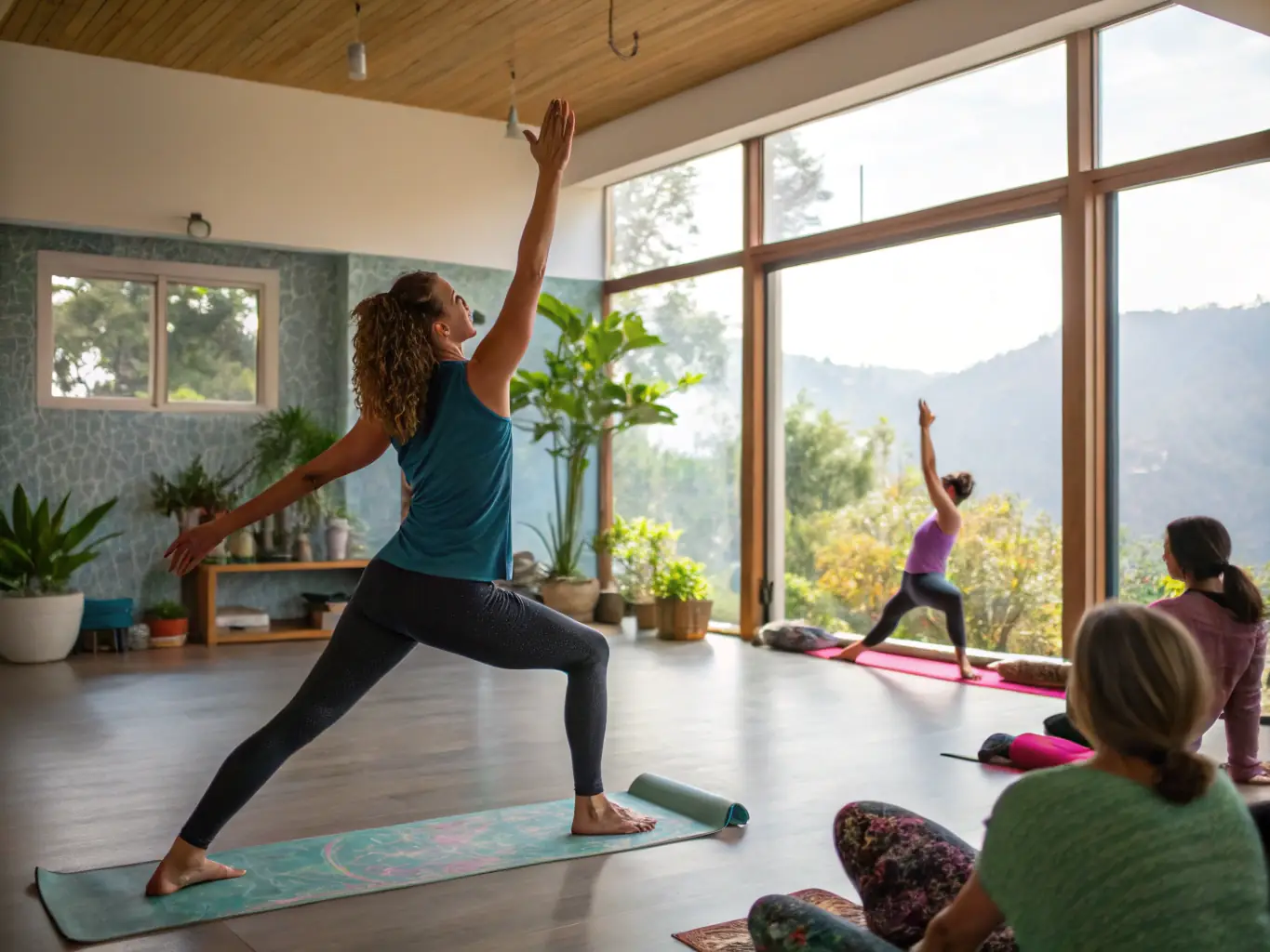 An instructor guiding students through a yoga class in a peaceful studio with certification badges displayed on the wall, showcasing the 200-hour yoga teacher certification program.